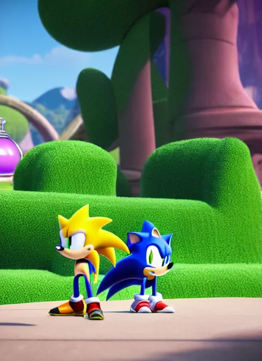 Image similar to sonic the hedgehog and timmy turner from fairly odd parents hanging out, unreal engine render