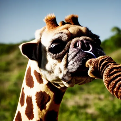 Image similar to a Giraffe-Pug Hybrid, A Giraffe that looks like a pug, huge tusks, afternoon hangout, good times photograph, candid