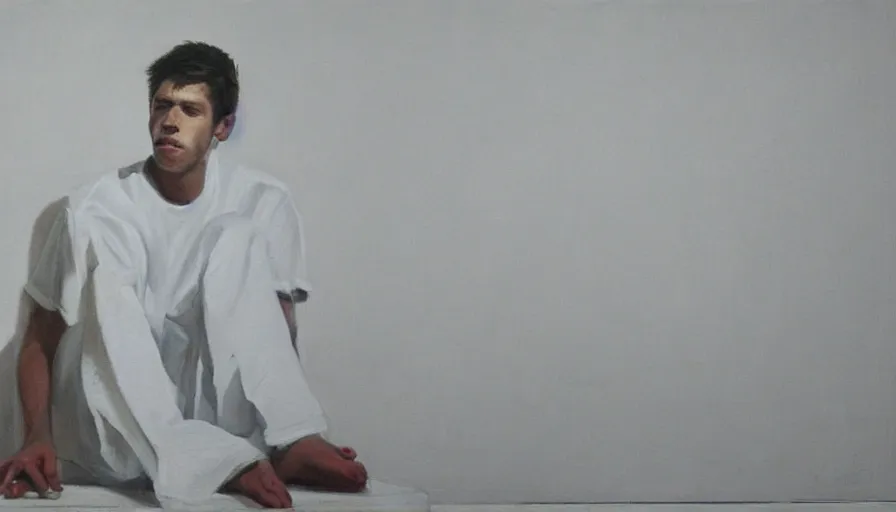 Image similar to a lonely young man in white clothes sits in a clean white empty apartment and stares into the distance, photorealistic painting, greg rutowski