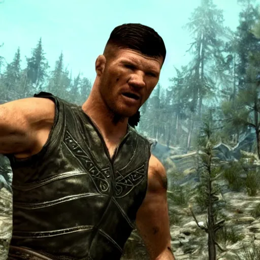 Image similar to character screenshot of ufc commentator michael bisping with a pirate eyepatch, npc talking, skyrim, wilderness, 1 0 8 0 p, bokeh, elder scrolls v, detailed, dialog text