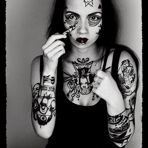 Image similar to beautiful young woman with gutterpunk pen ink face tattoos at golden hour, black & white, stars in background, cinematic diane arbus, leica s, fuji 8 0 0, grainy, low light