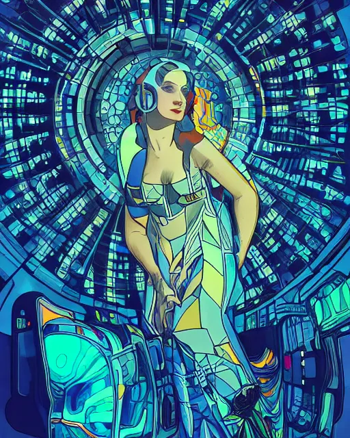 Image similar to cyberpunk illustration of woman inside a sleeping capsule, realistic, sharp shapes, blue glow, alphonso mucha and greg kutkowski, mysterious lighting, masterpiece