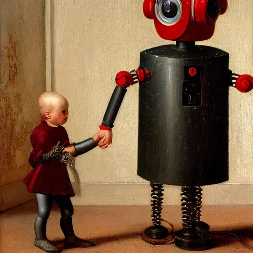 Prompt: an old painting of a robot from 1 8 5 0 raising a young little human child by jan van eyck, holding hands, ancient environment, aesthetic, 8 k, realistic painting, 4 k, trending on artstation, very detailed, photorealistic lighting
