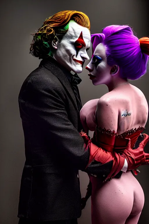 Image similar to joaquin phoenix joker with harley queen lady gaga, photorealistic, smooth, 4 k, aesthetic lighting, baroque object, sharp focus, hyperdetailed, professional photography, pullitzer winning, 8 0 0 photo by : canon eos 5 d mark iv, by karah mew and adnan abidi and jodie bateman