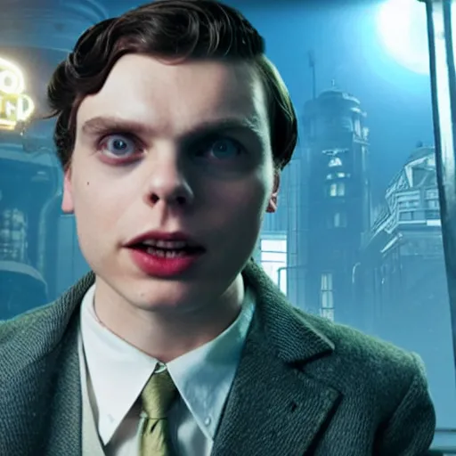 Image similar to screen capture from a live - action bioshock movie. andrew ryan, played by evan peters, is shown standing in an turn of the century style office front of an immense floor - to - ceiling window looking out into the underwater city of rapture. the lights of the city are shining in the distance and an abundance of sea life is shown.