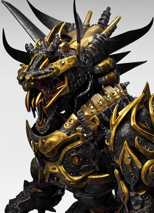 Image similar to hyper realistic glorious ancient wargreymon in a obsidian metal armor, futuristic design, designed by makoto kobayashi and luca zampriolo, portrait, cyberpunk style, wood and gold details, intricate, extremely detailed, ornate, deep of field, hard surface, exoskeleton, substance designer metal unreal engine. amazing likeness. very detailed.