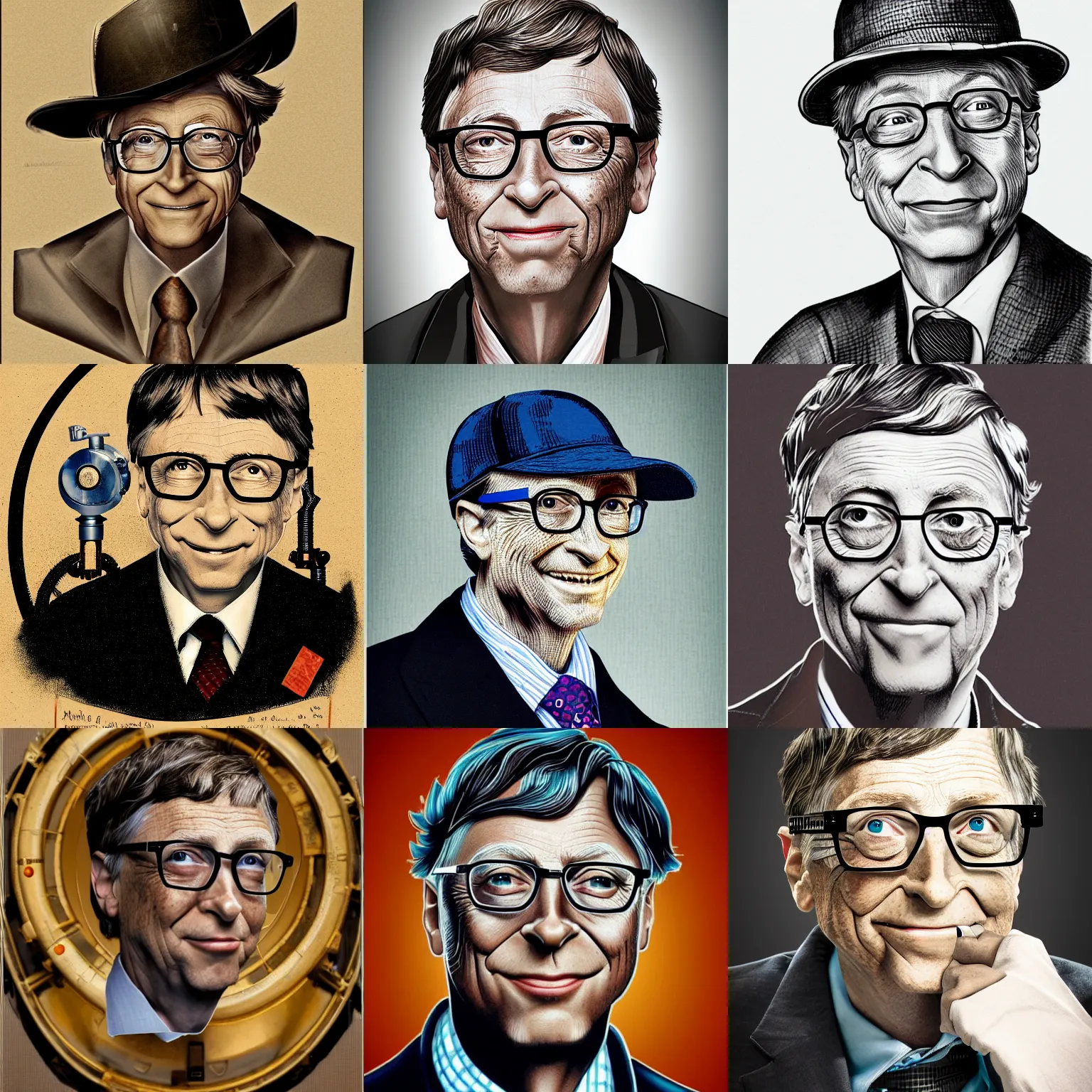 Prompt: a portrait of robotic bill gates, in the style of steampunk
