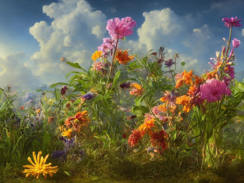 Prompt: sunlight study, wildflower undergrowth, art nouveau, by jan davidz de heem and martin johnson heade ( ( ( ( ( lisa frank ) ) ) ) ), 8 k, sharp focus, octane render, kauai