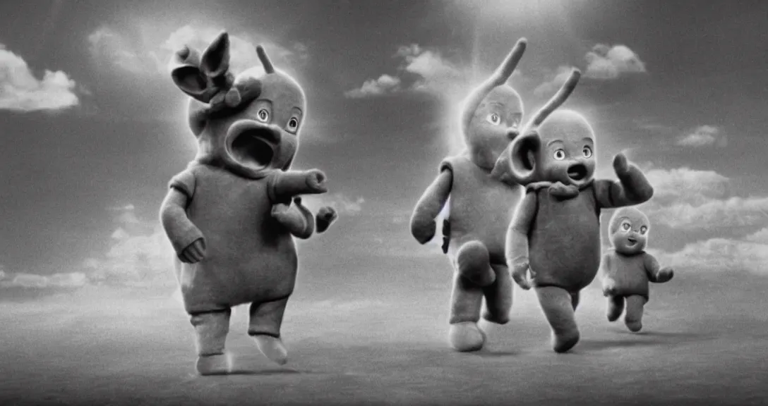 Prompt: teletubbies directed by zack snyder, cinematic, 3 5 mm film, dark, dramatic, movie