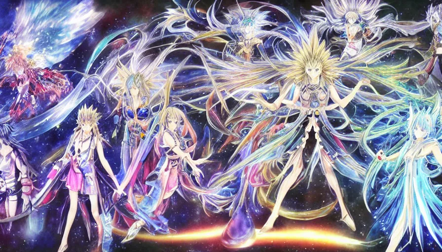 Prompt: Water Color double exposure of The God Particle in the Goddess Harmony Dissidia by Yoshitaka Amano