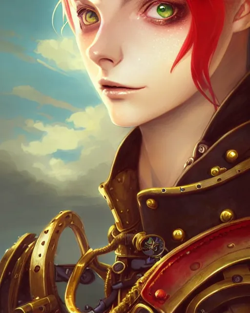 Image similar to a beautiful close up portrait 2D illustration of a young female steampunk pirate wearing leather armor on gold and red trimmings on green, by Charlie Bowater, tom bagshaw, Artgerm and Lois Van Baarle, beautiful anime face, very cool pose, pirate ship with an epic sky background, pondering face, smart look, cinematic anime lighting and composition, fantasy painting, very detailed, ornate, trending on artstation and pinterest, deviantart, google images