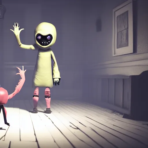 Image similar to render of new monster of little nightmares 2, placed in a bloody hall, body parts, heads, legs, arms, octane render, scary, horror atmosphere