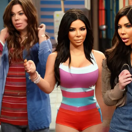 Image similar to Icarly with kim kardashian as Carly, 8k full HD photo, cinematic lighting, anatomically correct, oscar award winning, action filled, correct eye placement,