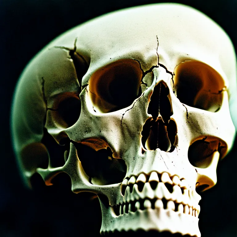 Prompt: centered rule of thirds 5 0 mm film still of a human skull