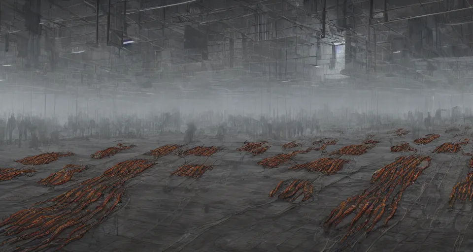 Image similar to illustration of rows of limp bodies hanging on display in a cold warehouse, refrigerated storage facility, rolling fog, cyberpunk, dystopian, dramatic lighting, unreal engine 5, colorful