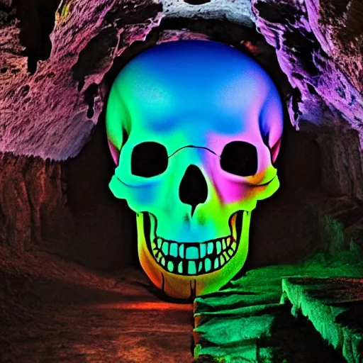 Prompt: colorful skull castle in a dark cave