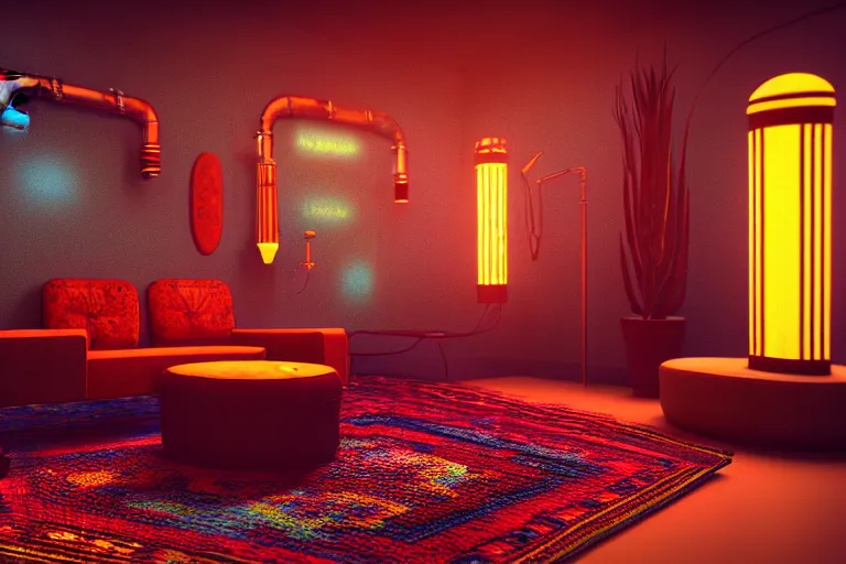 Image similar to interior of a 6 0 s hippie lounge, water pipes, lava lamps, ambient light, persian carpets, pillows, realistic, highly detailed, unreal engine, octane render,