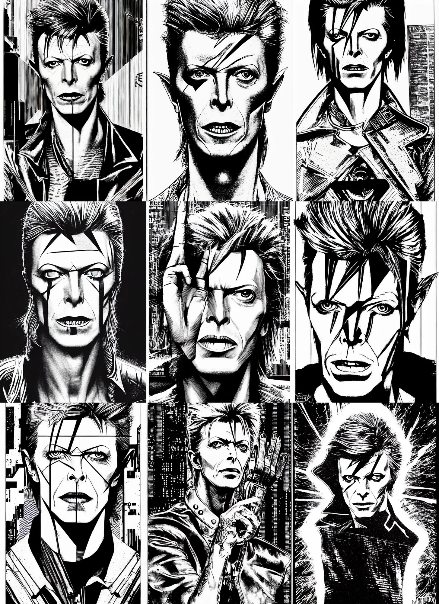 Prompt: david bowie, portrait, cyberpunk 2 0 2 0 manual, by steampoweredmikej, by tim bradstreet, inktober, ink drawing, black and white, coloring pages, manga, highly detailed