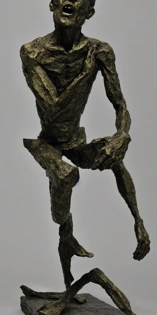 Image similar to sculpture of a cowering man, in the style of alberto giacometti