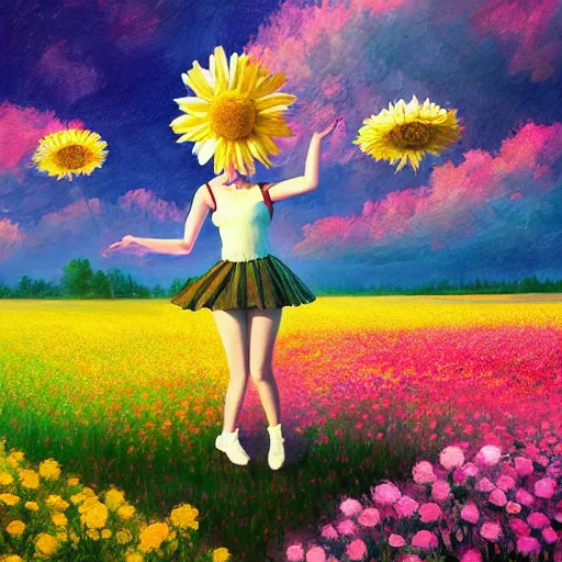 Image similar to giant daisy flower as head, girl dancing in a flower field, surreal photography, sunrise, dramatic light, impressionist painting, colorful clouds, digital painting, artstation, simon stalenhag