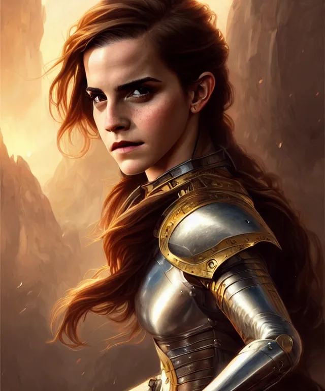 Prompt: Emma watson Muscular and powerful medieval knight woman portrait, sci-fi, amber eyes, face, long hair, fantasy, intricate, elegant, highly detailed, digital painting, artstation, concept art, smooth, sharp focus, illustration, art by artgerm and greg rutkowski and alphonse mucha