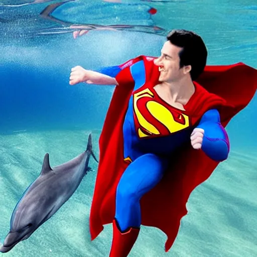 Prompt: a dolphin wearing a superman outfit