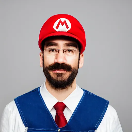 Image similar to Professional corporate portrait of Mario wearing his Mario hat and overalls, Nintendo, studio lighting, 85mm lens