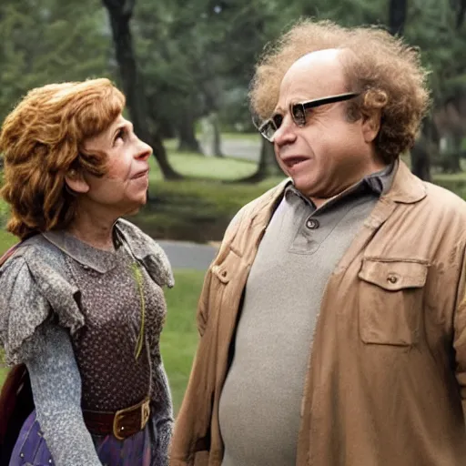 Image similar to Danny DeVito as Link, Rhea Perlman as Zelda, cinematic still