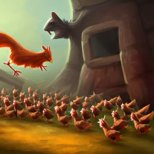 Image similar to army of tiny chickens vs 1 giant ninja rat, digital painting, artstation, hd, 4 k