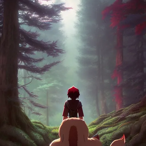 Prompt: realistic render of princess mononoke by ross draws, forest background by ilya kuvshinov, digital anime art by ross tran, composition by sana takeda, lighting by greg rutkowski