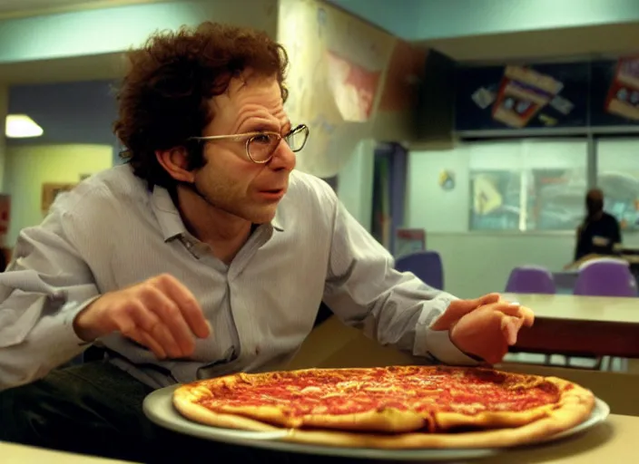 Image similar to charlie kaufman eating pizza at chuck - e - cheese, dramatic lighting, film still from breaking bad ( 2 0 1 0 ), 3 5 mm kodak, 2 4 mm lens, directed by rian johnson