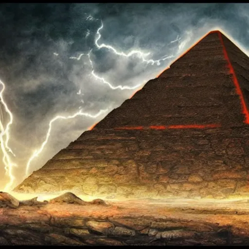 Image similar to Very muscular Devil, red fire eyes, guarding the entrance of the pyramid of Cheops, dessert, ancient world, realistic, god, dramatic lightning, very detailed, concept art