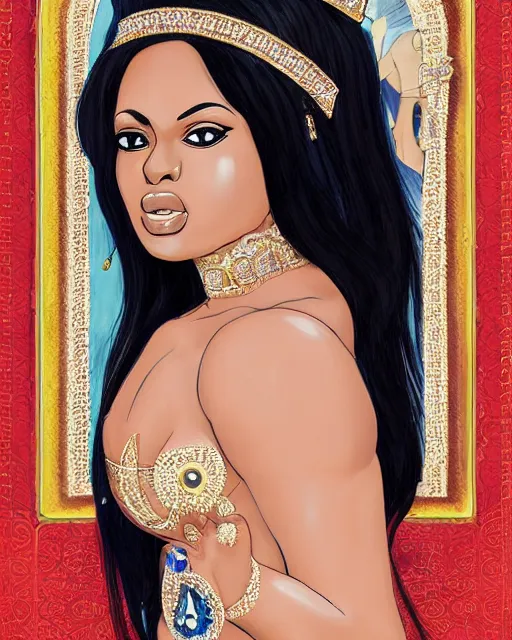 Prompt: portrait of jada fire as a beautiful greek woman +diadem with facemask and feather crest+ long hairs and complex hairdressing+antique greek tunique+symmetric face, symmetric body+gold jewels, collar, earings, rubis, sapphire, topaz,citrite+gods of olympe+ in the style of saint seiya + by Joongwon Jeong and Kei Mieno, artsation, unreal engine render, octane render