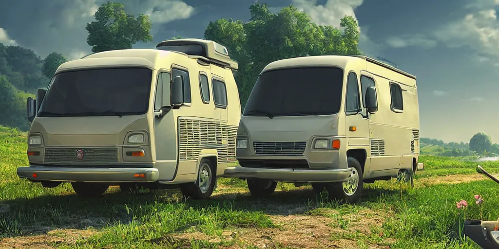 Image similar to a wholesome animation key shot of one!! focused!! 1 9 9 4 fiat hymer motorhome!! in the! romanian countryside!, medium shot, studio ghibli, ( pixar ) and disney animation, sharp, very detailed, high resolution, rendered in unreal engine 5, anime key art by greg rutkowski, bloom, dramatic lighting