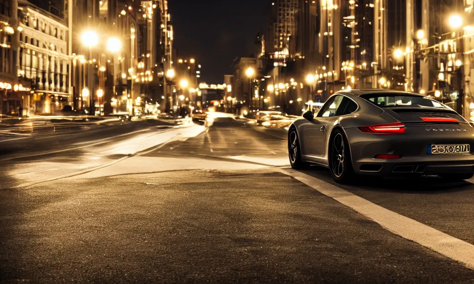 Image similar to photo of a porsche 911 at night in a city, cinematic, 4k, panavision, long exposure photography