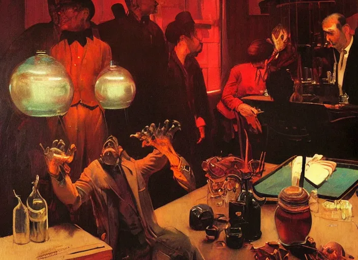 Prompt: dreamscape in a jar, gorgeous lighting, highly detailed, by francis bacon, surreal, norman rockwell and james jean, greg hildebrandt, scene from the movie godfather, triadic color scheme, by greg rutkowski, in the style of francis bacon and syd mead and edward hopper and beksinski, dark surrealism, lucas films