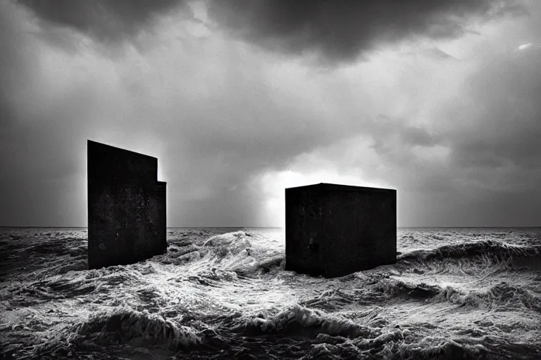 Prompt: danila tkachenko, low key lighting, an abandoned soviet building block in the middle of the ocean, storm, lighning storm, crashing waves, dramatic lighting