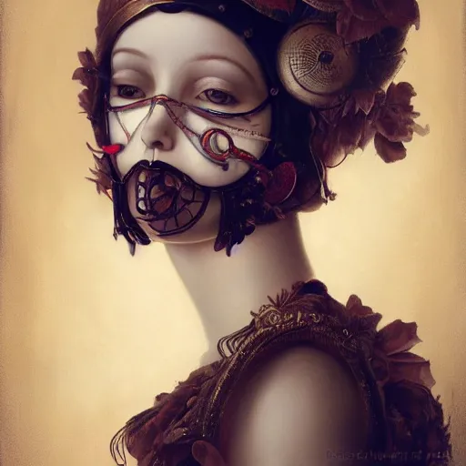 Prompt: tom bagshaw, soft painting of a curiosities carnival steampunk, blessing, porcelain beautiful young tight mask in tight top bottom dress, perfectly detailed, symmetrical accurate intricate sensual features, highly detailed, artstation, sharp focus