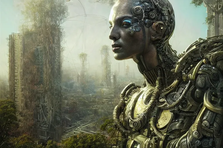 Image similar to A neofuturistic very highly detailed cyborg god with very highly detailed face in the beautiful garden in a very highly detailed solarpunk sci-fi city realistic concept art photography by Greg Rutkowski, sci-fi highly detailed, realistic concept art photography, Dimensional cyan gold natural light, cinematic shot, realistic concept art photography by Stephen Hickman and James Gurney and Hiromasa Ogura Ghost in the Shell rendered in Octane Render, From the distance