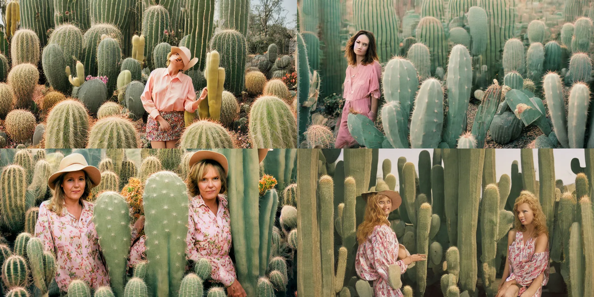 Prompt: photograph of a beautiful!!! woman inside a cacti garden! by mark owen. pastel colors. portra 4 0 0 film. mamiya 7. highly detailed. hq. photoreal. golden hour. raw. in - frame