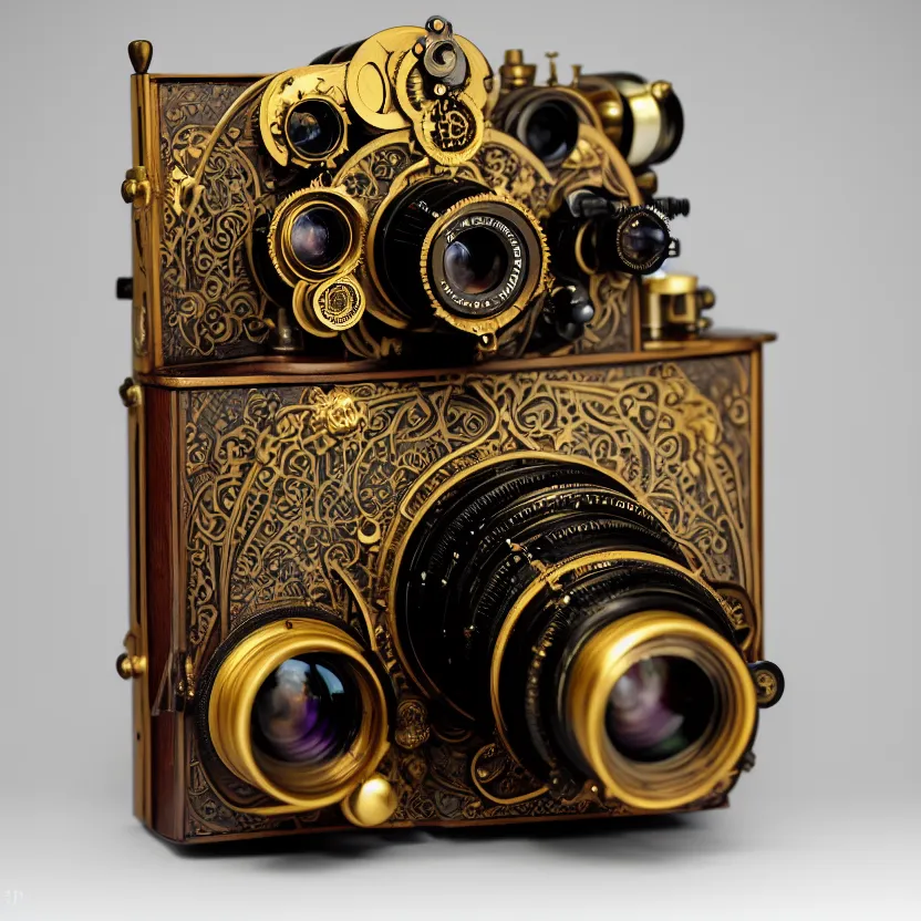 Prompt: photograph of a very very beautiful steampunk medium format camera with a brass lens!!. plain grey background. centered. highly detailed. wood. artstation, concept art, symmetry, smooth, sharp focus, art by john singer sargent and and mucha by theodore ralli and nasreddine dinet and anders zorn and nikolay makovsky and edwin long