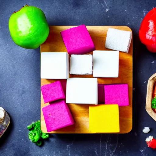 Prompt: photograph of a marshmallow cube on a wooden chopping board, styled food photography, colorful topping, photorealistic, 4 k