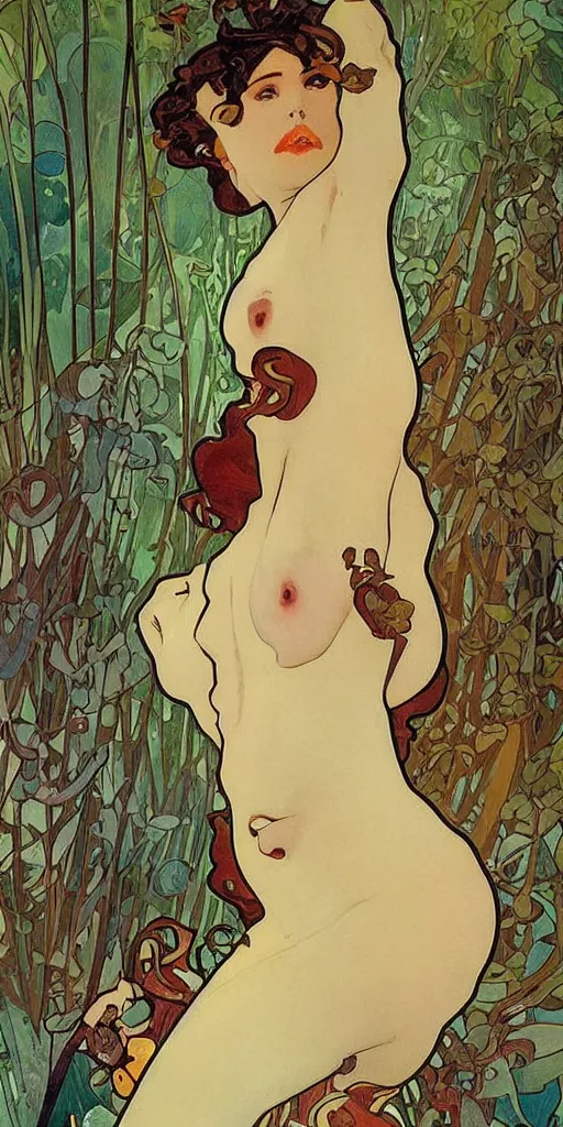 Image similar to esthetic beautiful woman models painted by Alfons Mucha, Art Deco, hot, forest on background, banner