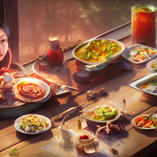 Image similar to A table-spread of amazing food hot and fresh, huggy wuggy from poppy playtime video game, fullbody, ultra high detailed, oil painting, Greg Rutkowski, Charlie Bowater, Yuumei, Yanjun Cheng, unreal 5, DAZ, hyperrealistic, octane render, RPG portrait, dynamic lighting, fantasy art, beautiful face