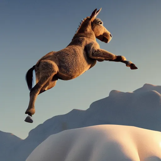 Prompt: a donkey jumping from plane, eagles in the background, award winner, realistic, volumetric lighting, octane render