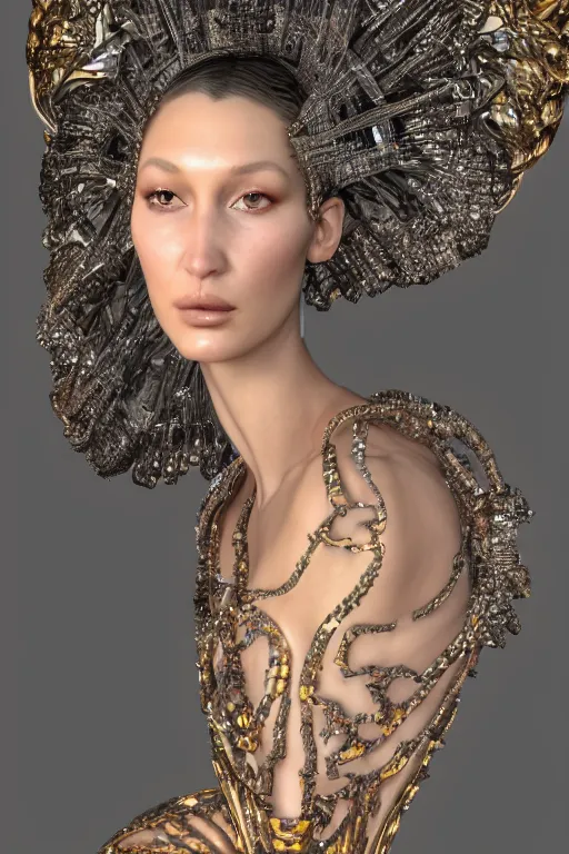 Image similar to a highly detailed render portrait of a beautiful alien goddess bella hadid in iris van herpen dress schiaparelli in diamonds in style of alphonse mucha trending on artstation made in unreal engine 4