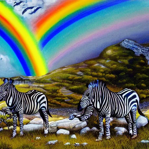 Prompt: weiland with zebras on a mountain with a rainbow