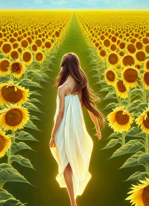 Image similar to a full body fashion photography of a girl slowly walking through amazing tall sunflower field, hair flowing, intricate, elegant, clearly visible face, highly detailed, digital painting, artstation, concept art, smooth, sharp focus, illustration, art by artgerm and greg rutkowski and alphonse mucha, 8 k