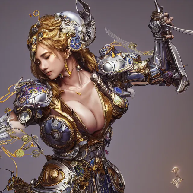 Image similar to studio portrait of lawful good colorful female divine mech paladin as absurdly beautiful, elegant, young sensual gravure idol, ultrafine hyperrealistic detailed face illustration by kim jung gi, irakli nadar, intricate linework, sharp focus, bright colors, matte, octopath traveler, final fantasy, unreal engine highly rendered, global illumination, radiant light, intricate environment