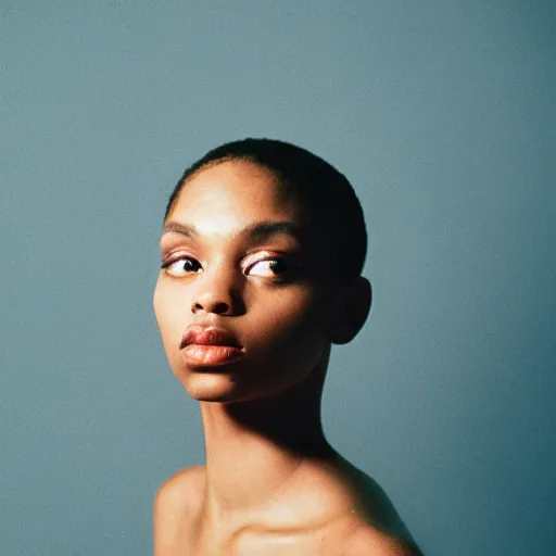 Image similar to realistic photoshoot for a lookbook, color film photography, portrait of a beautiful woman in style of tyler Mitchell, 35mm, graflex